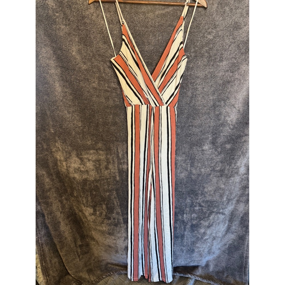 Love Tree Striped Wide Leg Jumpsuit Rust Black White V-Neck Sleeveless Large